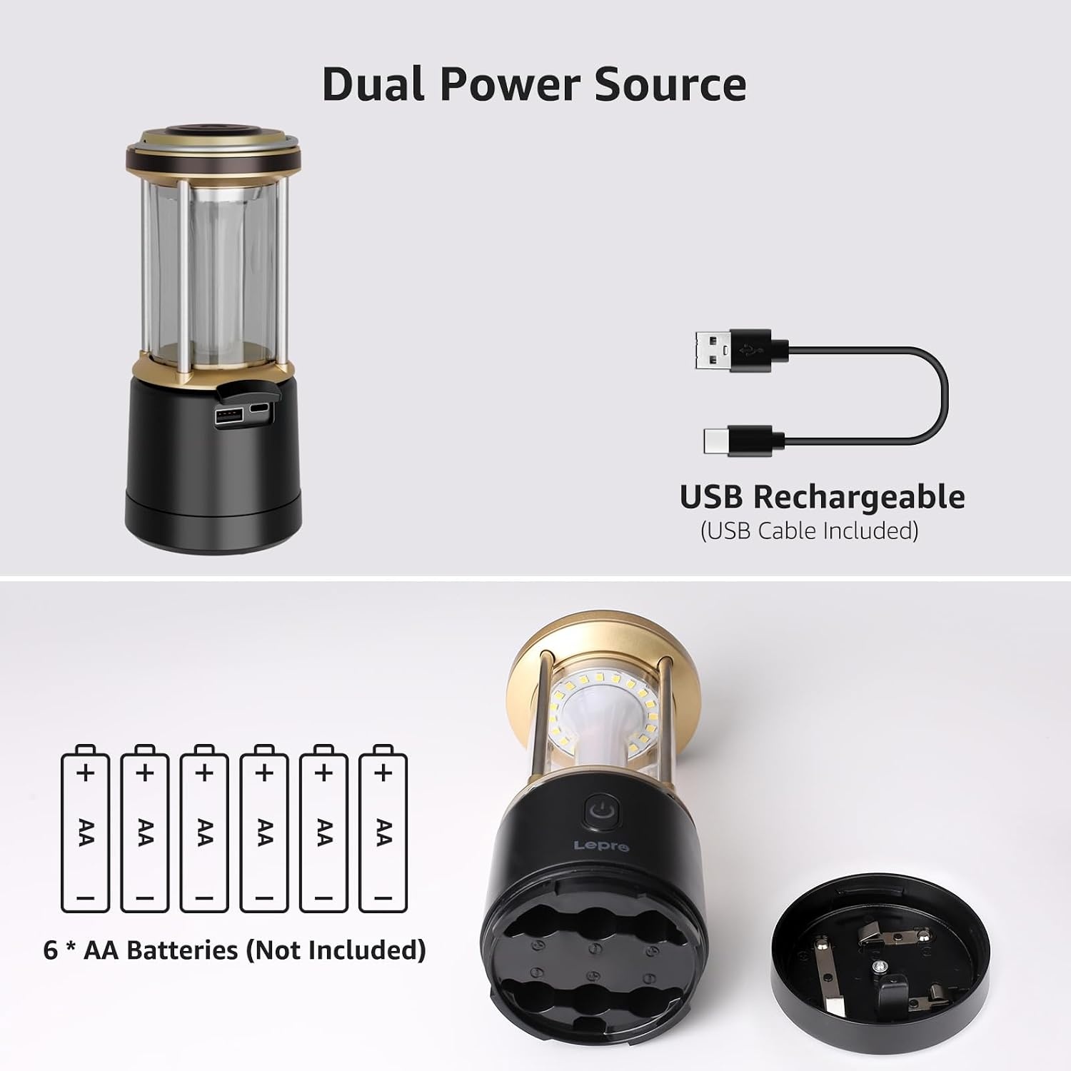 image:imageLepro 2000LM LED Camping Lantern Rechargeable Waterproof Tent Light with 5 Light Modes Camping Essentials Portable Lantern Flashlight for Camping Emergency Light Power Outage USB Cable IncludedBlack