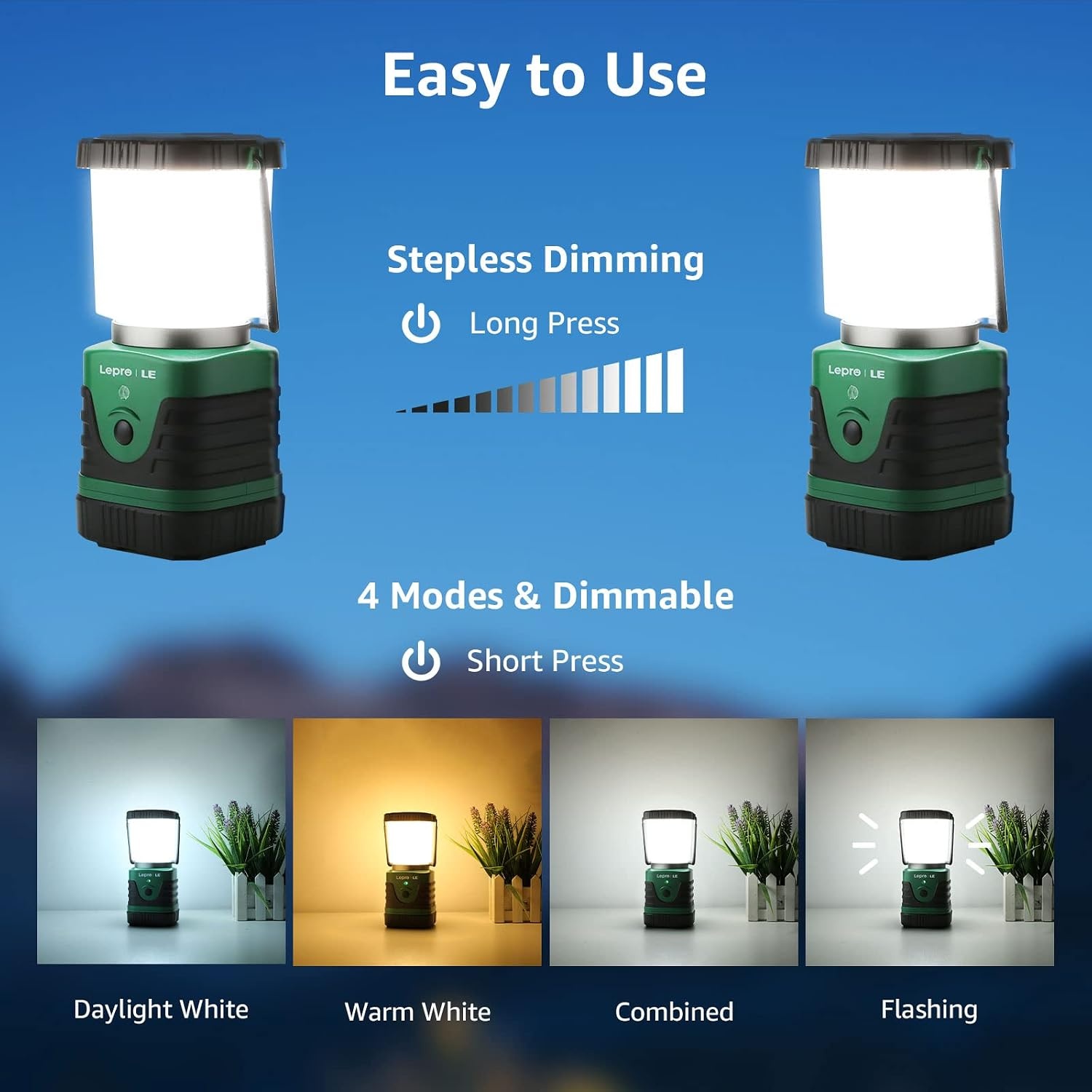 image:imageLepro 1000LM LED Camping Lantern Rechargeable 4400mAh White Tent Light with 4 Light Modes Waterproof Lantern Flashlight for Hurricane Emergency Camping Essentials USB Cable IncludedGreen