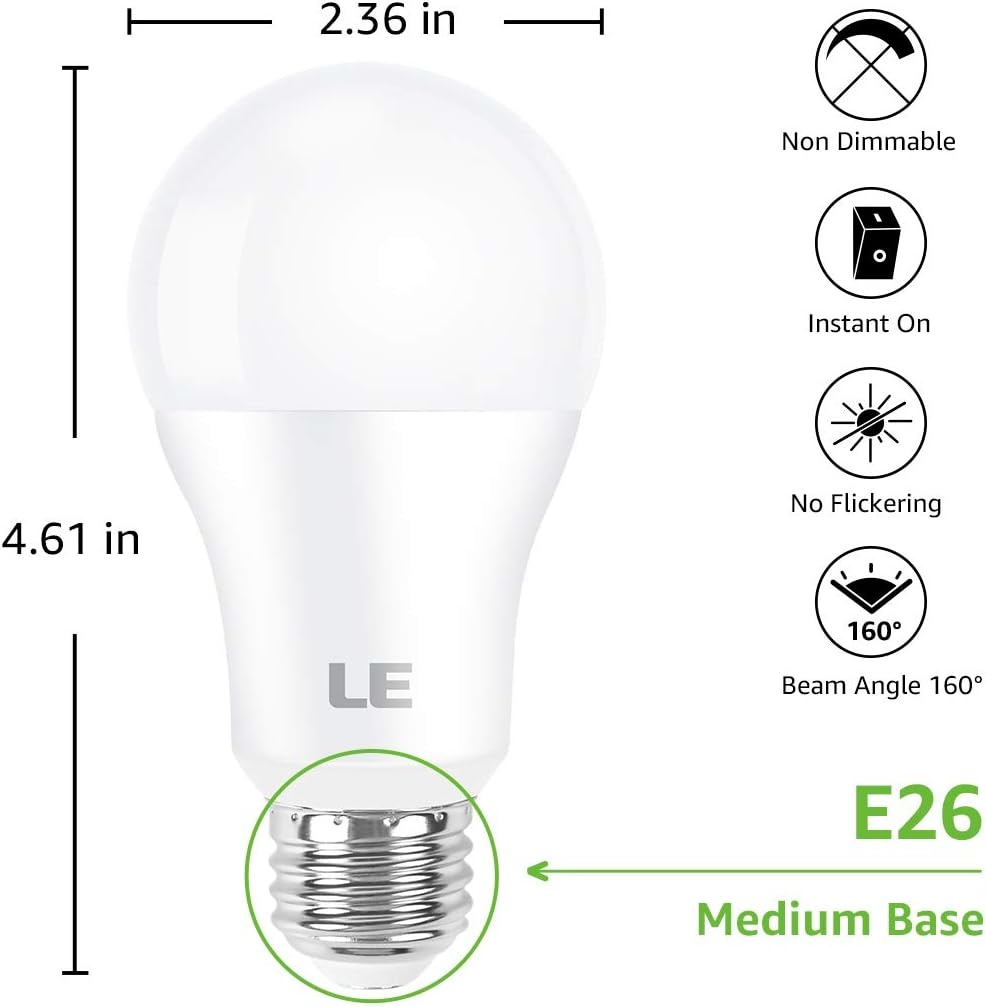 image:imageLE 100W Equivalent LED Light Bulbs 14W 1500 Lumens Daylight White 5000K NonDimmable A19 E26 Standard Base 10000 Hour Lifetime Pack of 12Warm White